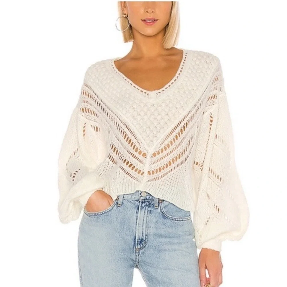 Free‎ People Ivory Snowball Cropped Sweater Wool Blend Open Knit Boho Chic Sz XS